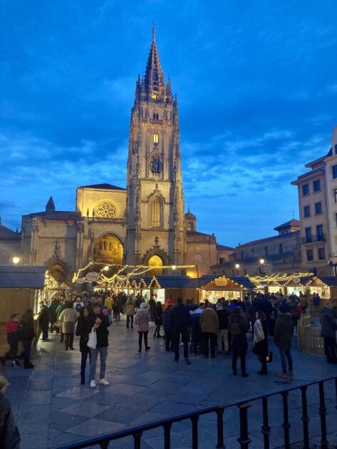 Una vista nocturna de una concurrida plaza de la ciudad con un mercado navideño y la fachada iluminada de una catedral gótica.
